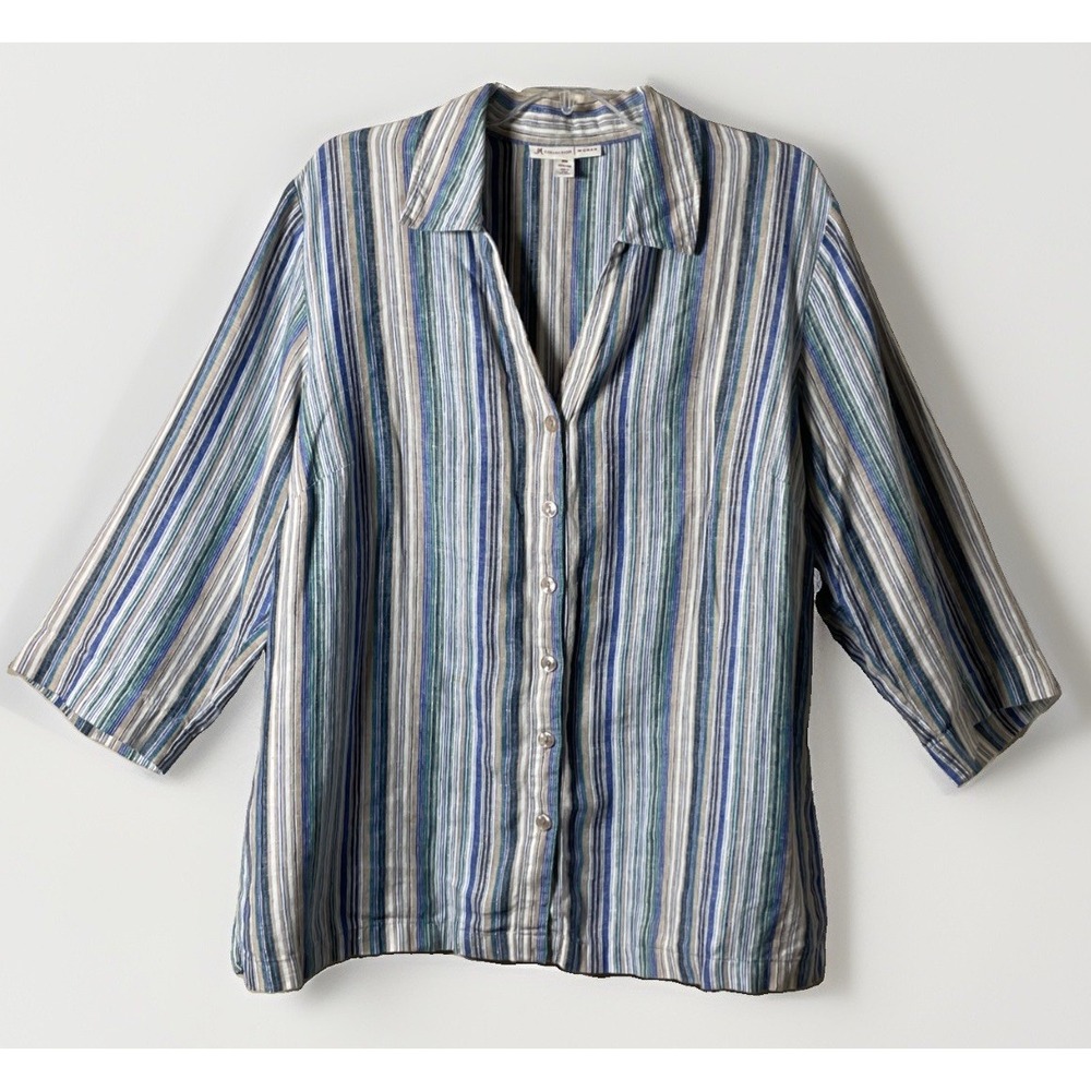 JM Collection Blouse Size 16 Linen Metallic Striped Button Front Blue Green